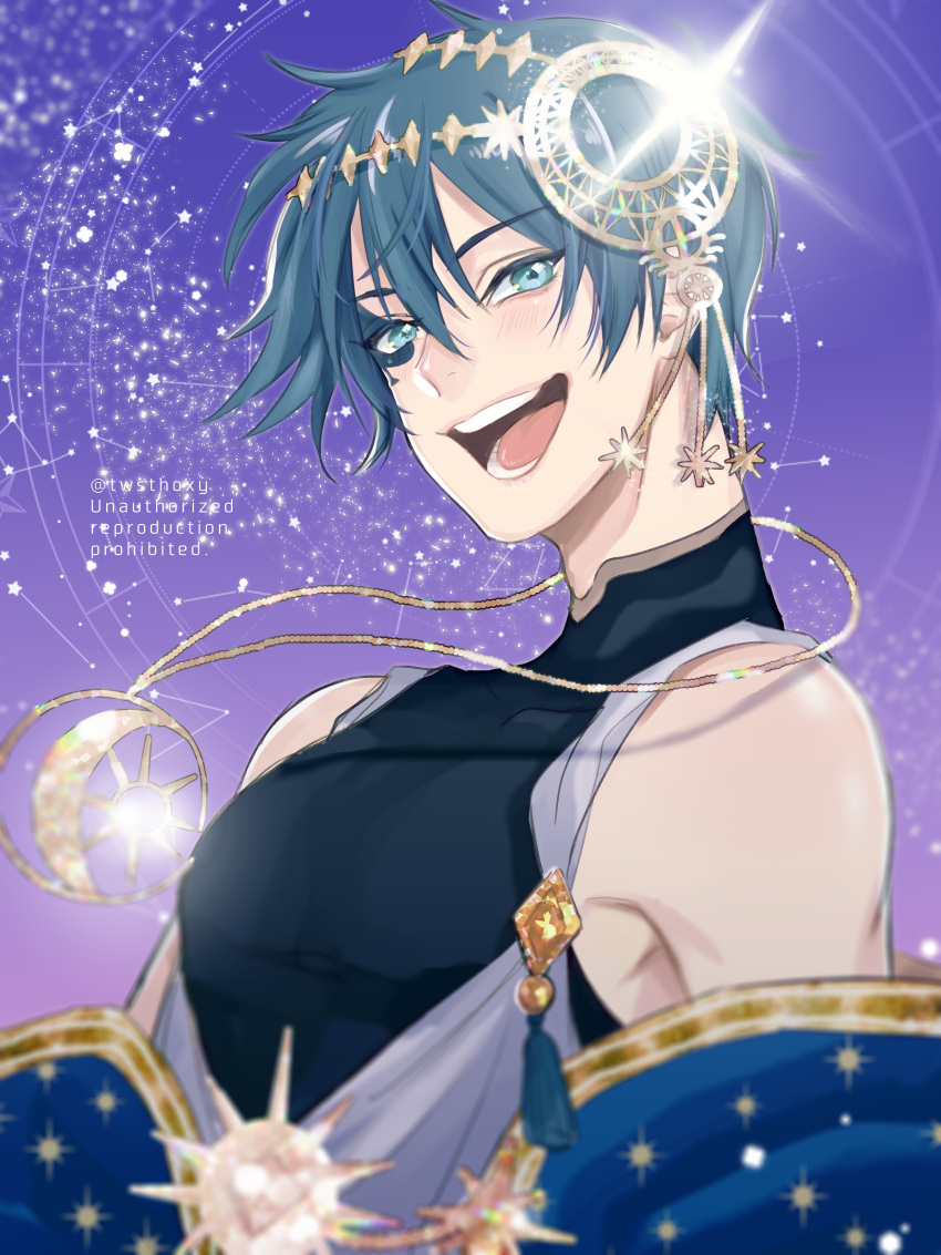 1boy, :d, absurdres, artist_name, bare_shoulders, blue_eyes, blue_hair, blurry