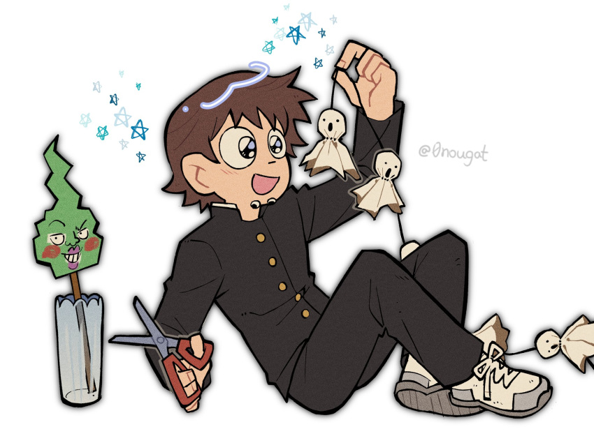 0nougat, 1boy, :d, black_jacket, black_pants, brown_hair, commentary, cosplay