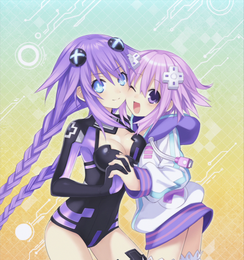 ;d, blue_eyes, blush, bodysuit, braid, breasts, cheek-to-cheek, cheek_to_cheek