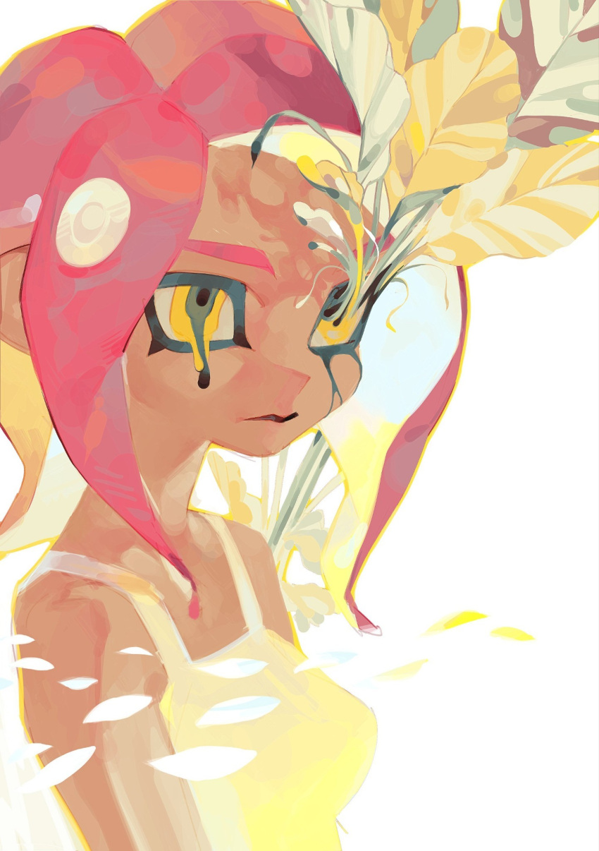 1girl, agent_8_(splatoon), dripping_eye, leaf, leaves, leejijijii, octoling, octoling_girl