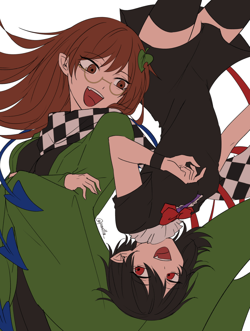2girls, :d, absurdres, asymmetrical_wings, black_dress, black_hair, black_thighhighs, black_wristband, bow, bowtie, brown_eyes, brown_hair, center_frills, checkered_clothes, checkered_scarf, collar, collared_dress, commentary_request, cowboy_shot, dress, eye_contact, fang, frilled_collar, frills, futatsuiwa_mamizou, futatsuiwa_mamizou_(human), green_haori, hair_ornament, haori, highres, houjuu_nue, japanese_clothes, leaf_hair_ornament, long_hair, looking_at_another, multicolored_wings, multiple_girls, open_mouth, panilla, pointy_ears, red_bow, red_bowtie, red_eyes, round_eyewear, scarf, semi-rimless_eyewear, short_dress, short_hair, short_sleeves, simple_background, smile, teeth, thigh-highs, touhou, twitter_username, upper_teeth_only, upside-down, white_background, wings, yellow-framed_eyewear, zettai_ryouiki