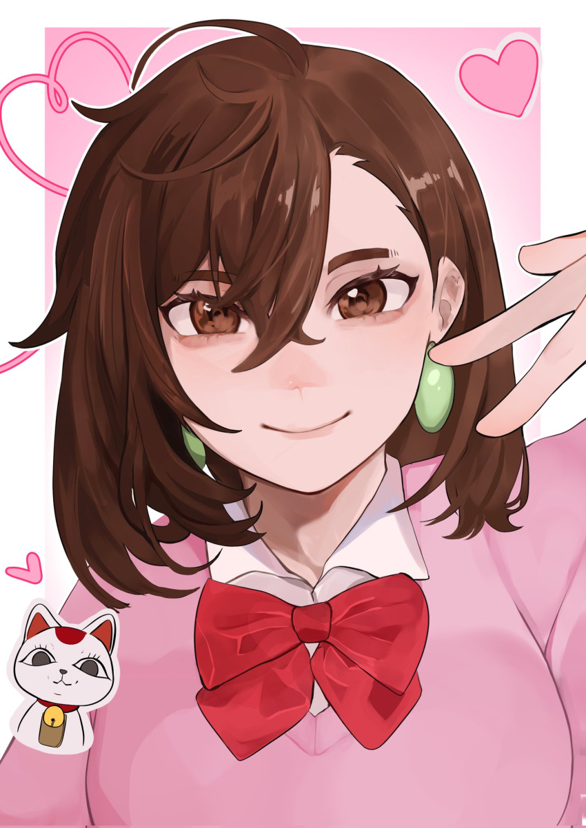 1girl, ayase_momo, bell, border, bow, bowtie, breasts, brown_eyes, brown_hair, cat, closed_mouth, collared_shirt, commentary, dandadan, dress_shirt, earrings, evygur0, hair_behind_ear, hand_up, heart, highres, jewelry, looking_at_viewer, medium_breasts, medium_hair, neck_bell, outside_border, pink_sweater, red_bow, red_bowtie, school_uniform, shirt, silly_girl, smile, sweater, symbol-only_commentary, turbo_granny, upper_body, v, white_border, white_shirt