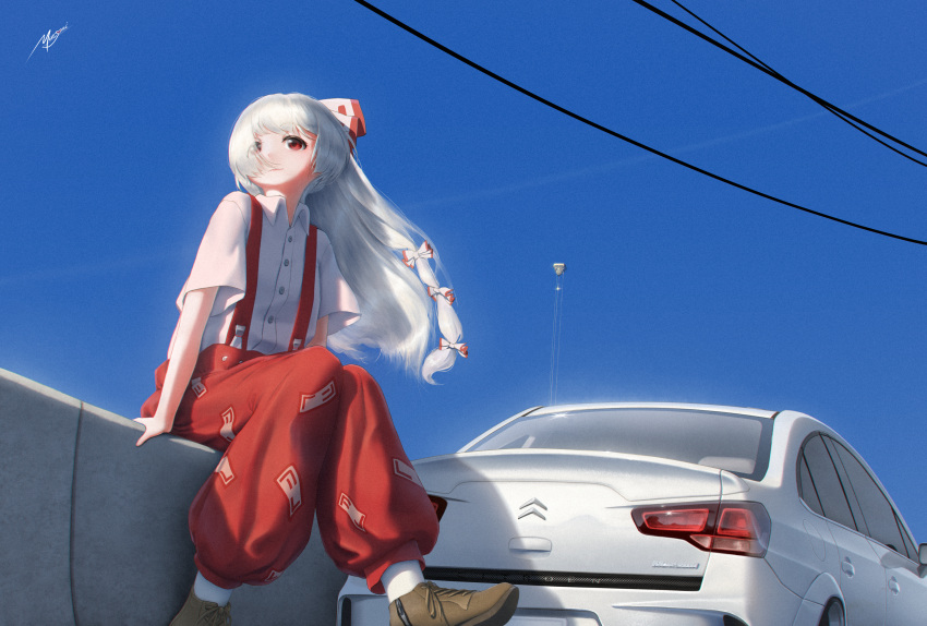 1girl, absurdres, blue_sky, boots, bow, brown_footwear, cable, car