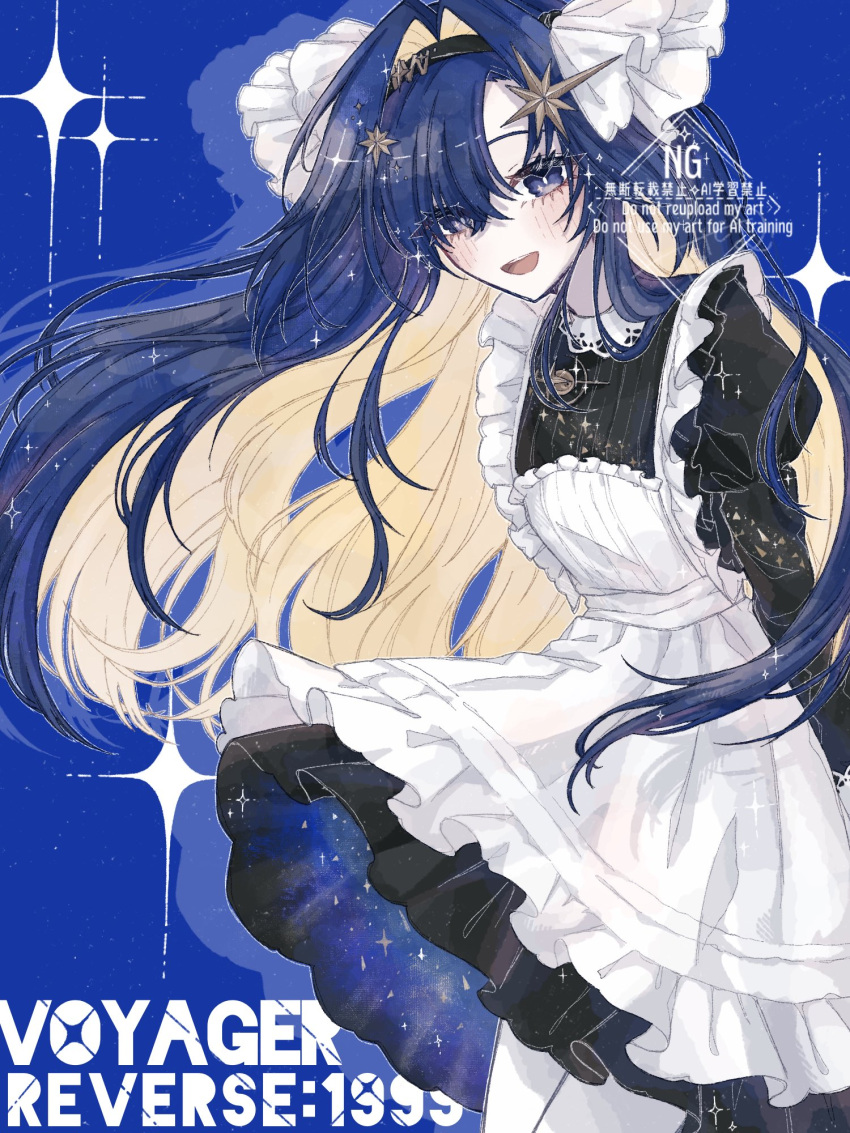 1girl, :o, apron, arms_behind_back, aster_(sterdust_08), black_hairband, blonde_hair, blue_background, blue_eyes, blue_hair, character_name, clothes_lift, colored_inner_hair, copyright_name, cowboy_shot, dress, dress_lift, drop_shadow, frilled_apron, frills, from_side, hair_intakes, hair_ornament, hairband, highres, juliet_sleeves, long_hair, long_sleeves, looking_at_viewer, multicolored_hair, open_mouth, pantyhose, puffy_sleeves, reverse:1999, school_uniform, short_dress, solo, soviet_school_uniform, sparkle, star_(symbol), star_hair_ornament, starry_sky_print, very_long_hair, voyager_(reverse:1999), watermark, white_apron, white_pantyhose, wind, wind_lift