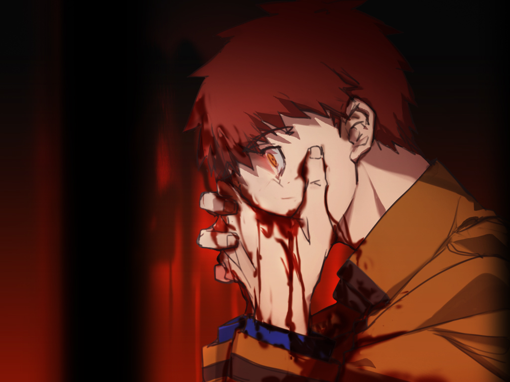 blood, blood_from_mouth, blood_on_clothes, blood_on_face, blood_on_hands, dark_persona, darkness, emiya_shirou