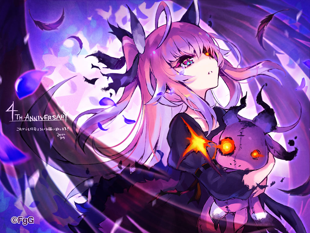 1girl, ahoge, anniversary, artist_name, black_feathers, copyright_notice, failnaught_(phantom_of_the_kill), feathers, gradient_hair, holding, holding_stuffed_toy, juliet_sleeves, long_hair, long_sleeves, mikan_ame_(gumi), multicolored_hair, official_art, phantom_of_the_kill, pink_hair, puffy_sleeves, purple_hair, purple_petals, second-party_source, sidelocks, signature, solo, stuffed_toy, tearing_up, twintails, two_side_up