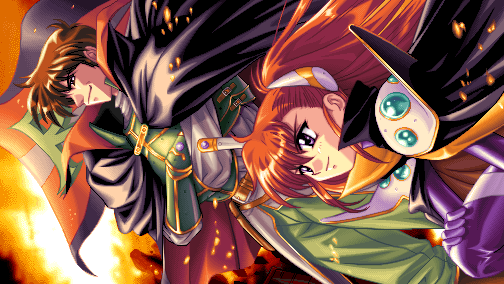1boy, 1girl, armor, black_cape, brown_hair, cape, crossed_arms, dutch_angle, fire, flag, game_cg, green_armor, kichikuou_rance, kneeling, long_hair, miyata_yukimi, ponytail, rance, rance_(series), redhead, satella_(rance), smile, standing, two-tone_cape