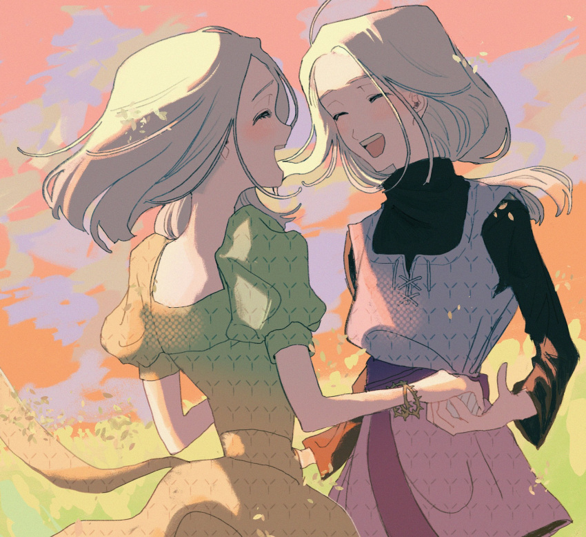 1boy, 1girl, androgynous, black_shirt, bracelet, closed_eyes, commentary_request, cossa_(user_myuh2324)