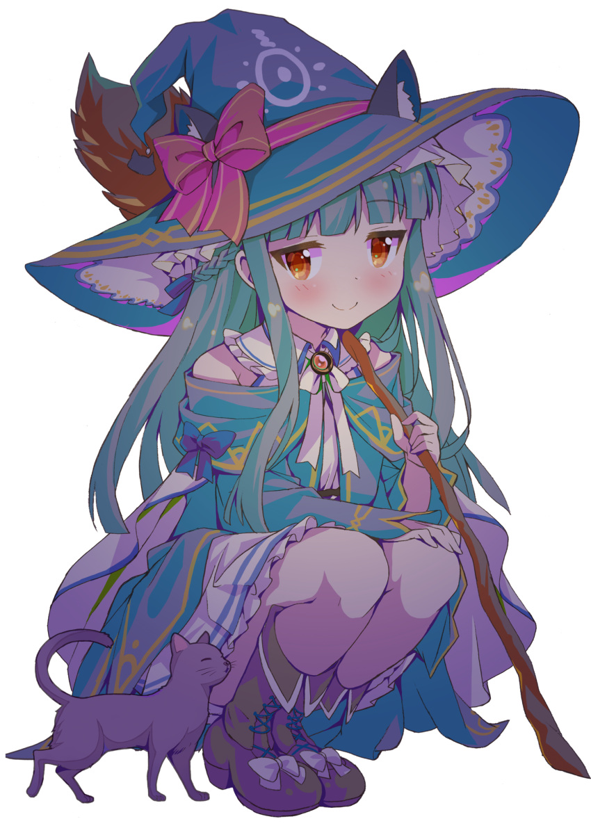 1girl, animal_ears, blue_bow, blue_hair, blush, boots, bow, bowtie