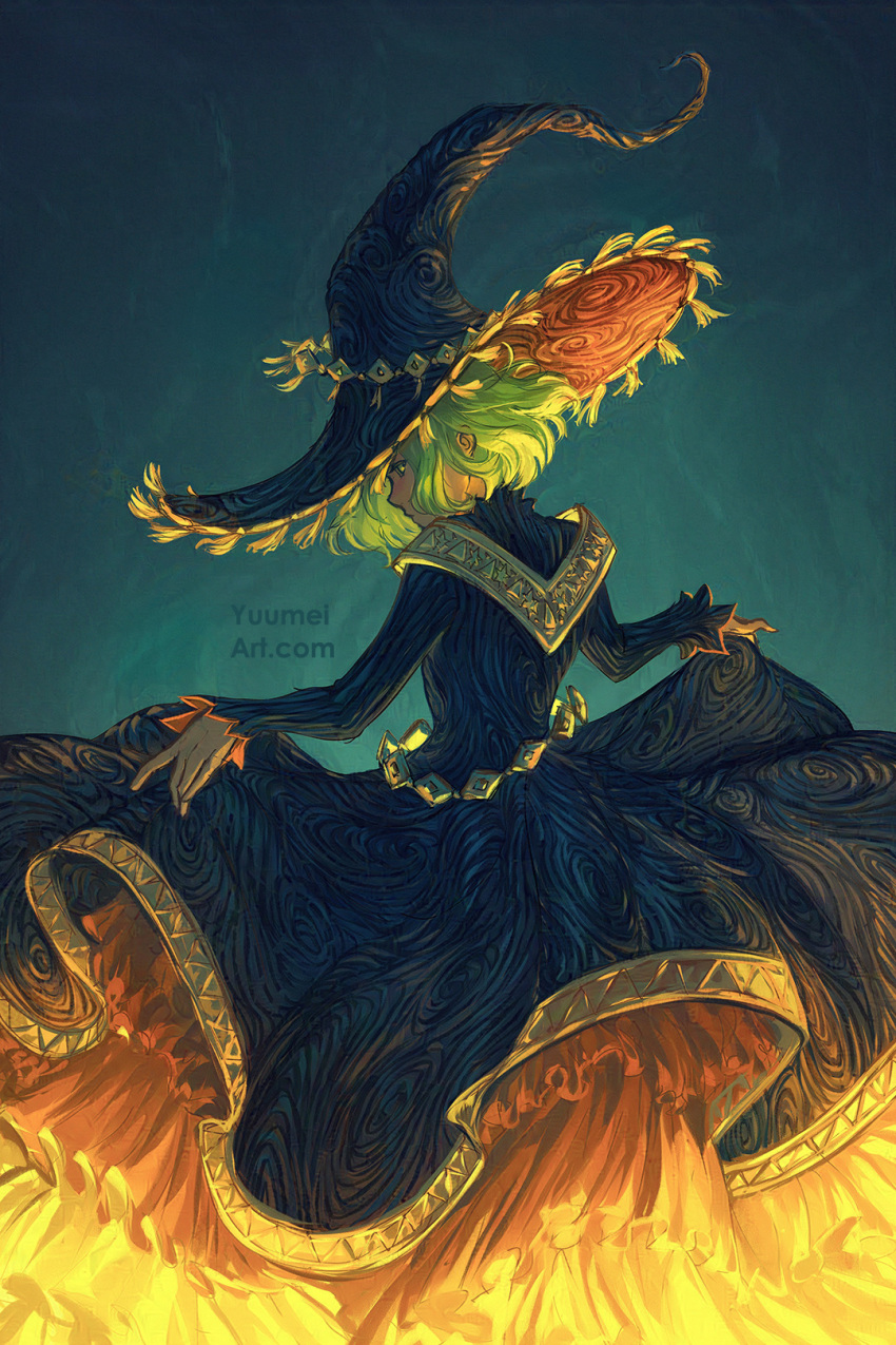 1girl, brim_hat_coco, coco_(tongari_boushi_no_atelier), dress, green_hair, tongari_boushi_no_atelier, witch, witch_hat