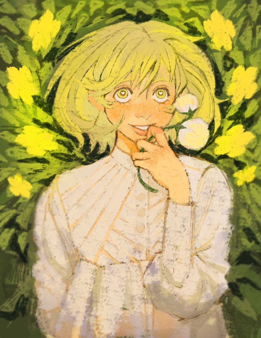 1girl, blush, coco_(tongari_boushi_no_atelier), flower, green_eyes, green_hair, holding_flower, risariba