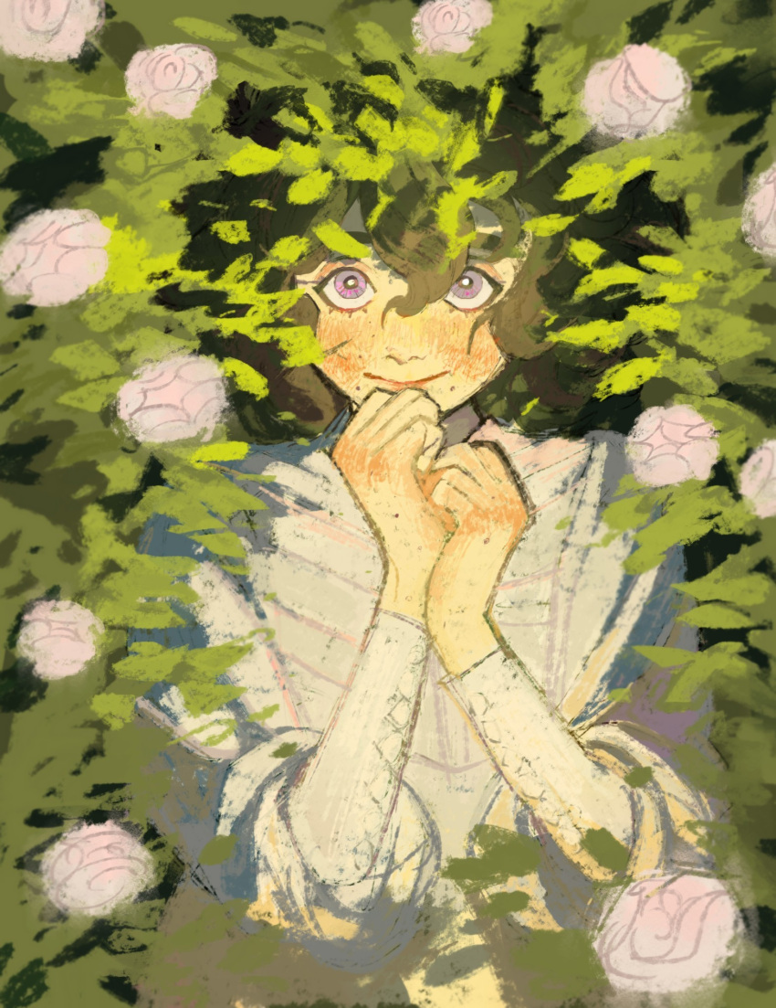 1girl, agate_(tongari_boushi_no_atelier), black_hair, blush, clasped_hands, flower, flower_field, risariba, tongari_boushi_no_atelier, violet_eyes, witch