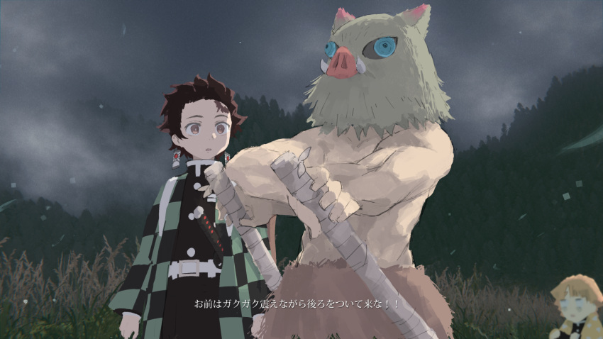 3boys, agatsuma_zenitsu, boar_mask, brown_hair, checkered_haori, demon_slayer_uniform, earrings, fog