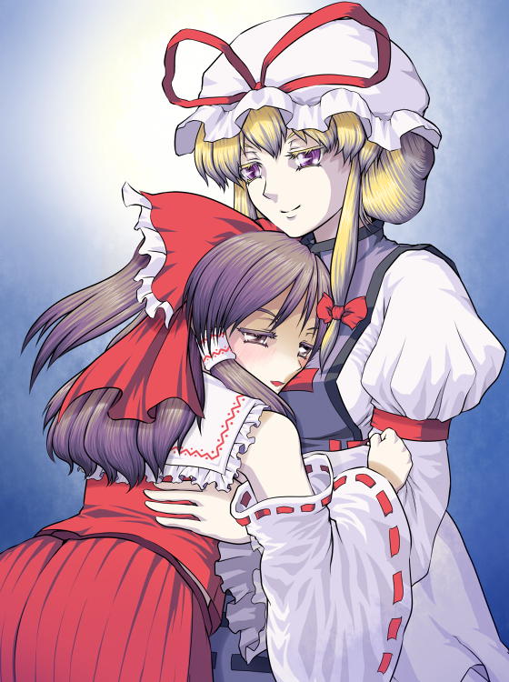 blonde_hair, blush, brown_eyes, brown_hair, hakurei_reimu, hat, hug, long_hair