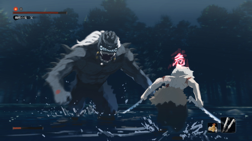 2boys, abs, black_pants, blood, boar_mask, dual_wielding, extra_eyes, facing_away