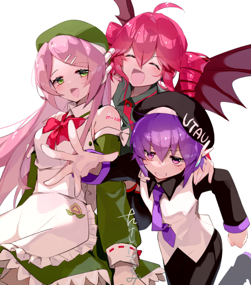 3girls, ahoge, apron, beret, black_hat, black_pants, black_sleeves, bow