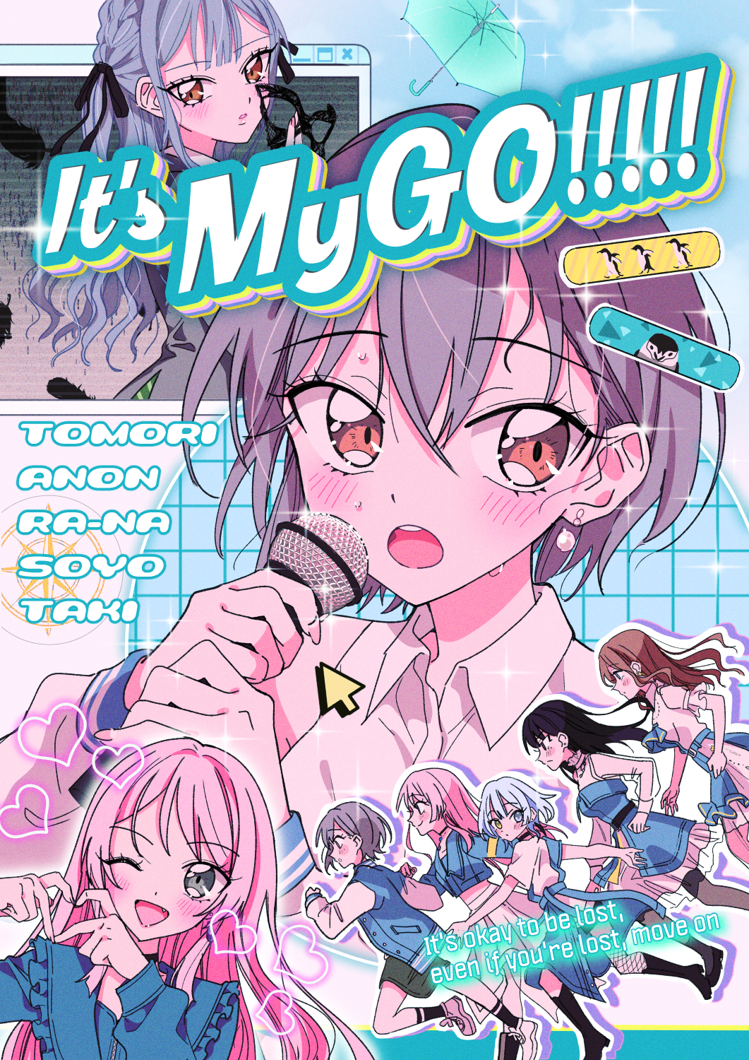 4-finger_heart_hands, 6+girls, bandaid, bang_dream!, bang_dream!_it's_mygo!!!!!, black_footwear, black_hair, black_mask