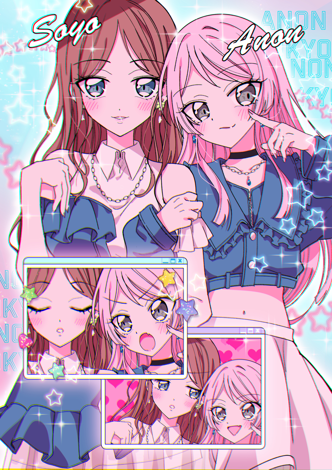 2girls, bang_dream!, bang_dream!_it's_mygo!!!!!, blue_eyes, blue_jacket, blush, brown_hair, character_name