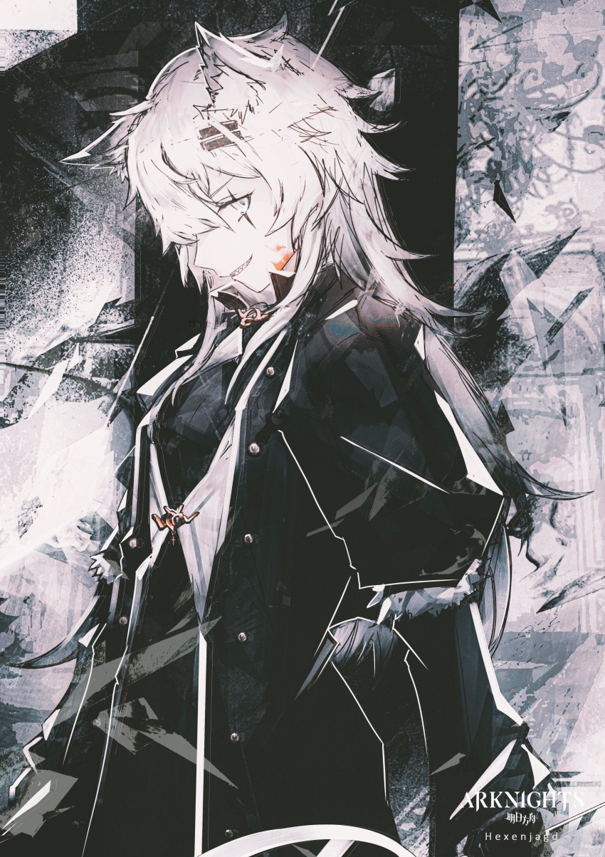 1girl, absurdres, animal_ear_fluff, animal_ears, arknights, black_coat, blood, blood_on_face, coat, copyright_name, grey_background, grin, hair_ornament, hairclip, highres, lappland_(arknights), lappland_(refined_horrormare)_(arknights), long_hair, long_sleeves, looking_at_viewer, messy_hair, pale_skin, scar, scar_across_eye, sharp_teeth, smile, solo, teeth, tfnfe_sach, upper_body, white_eyes, white_hair