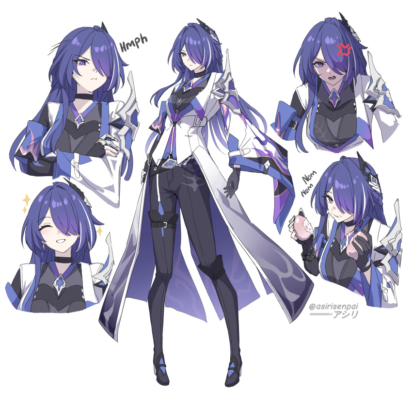 1girl, :d, absurdres, acheron_(honkai:_star_rail), adapted_costume, anger_vein, angry, armor, asiri_senpai, asymmetrical_footwear, belt, black_belt, black_choker, black_gloves, black_pants, black_shirt, boots, breasts, chain, chain_around_arm, choker, closed_eyes, closed_mouth, coat, coattails, commentary, crossed_arms, diamond-shaped_pupils, diamond_(shape), eating, elbow_gloves, food, fruit, gloves, hair_ornament, hair_over_one_eye, highres, holding, holding_food, holding_fruit, honkai:_star_rail, honkai_(series), knee_boots, long_hair, looking_at_viewer, multicolored_hair, multiple_views, open_mouth, pants, peach, shirt, shoulder_armor, simple_background, single_elbow_glove, single_knee_boot, single_thigh_boot, single_wide_sleeve, small_breasts, smile, sound_effects, sparkle, streaked_hair, symbol-shaped_pupils, teeth, thigh_boots, v-shaped_eyebrows, violet_eyes, white_background, white_coat