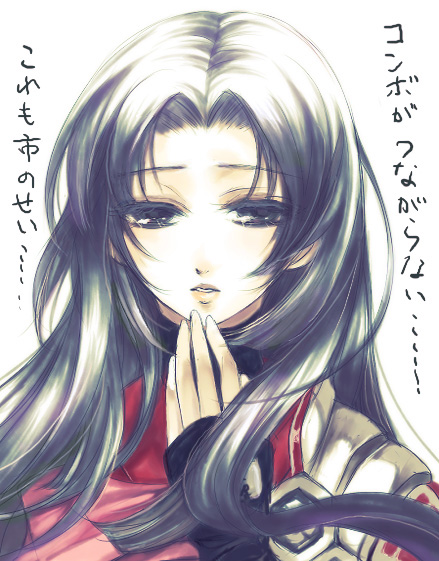 1girl, black_eyes, black_hair, expressionless, hand_on_own_chin, harui, long_hair, looking_at_viewer