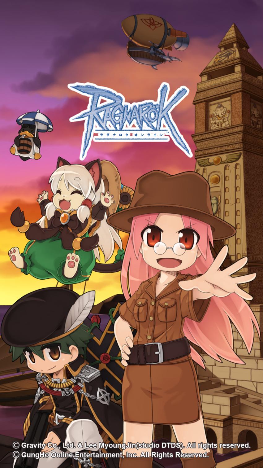 1boy, 2girls, aircraft, alternate_color, ancient_egyptian_architecture, animal_ears, beret, bird