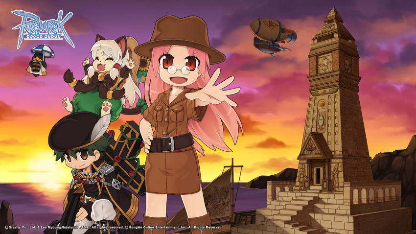 1boy, 2girls, aircraft, alternate_color, ancient_egyptian_architecture, animal_ears, beret, bird