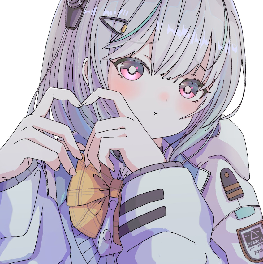1girl, admi_(nikke), bow, bowtie, cosmos_34, finger_heart, goddess_of_victory:_nikke, grey_sweater