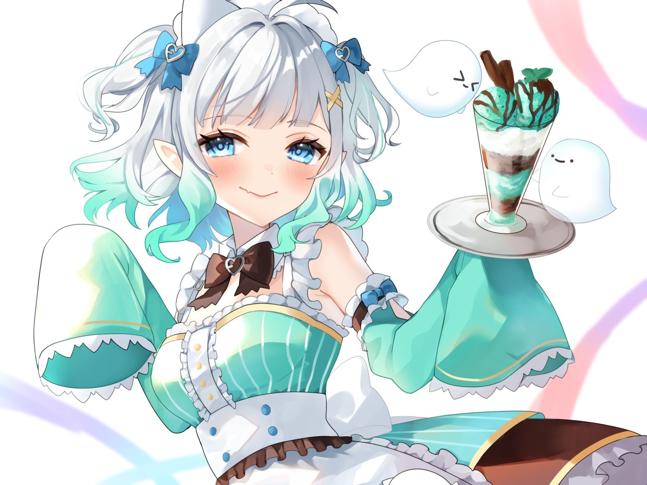 1girl, ahoge, akigashi_i, apron, blue_bow, blue_eyes, bow, bowtie, breasts, brown_bow, brown_bowtie, center_frills, detached_collar, detached_sleeves, dress, fang, food, frilled_apron, frilled_sleeves, frills, ghost, gradient_hair, green_dress, green_hair, hair_bow, hair_ornament, hairclip, holding, holding_tray, ice_cream, ice_cream_cup, indie_virtual_youtuber, long_sleeves, maid, mint_fantome, mint_fantome_(minto_2.0), multicolored_hair, pointy_ears, short_hair, skin_fang, sleeves_past_fingers, sleeves_past_wrists, small_breasts, solo, striped_clothes, striped_dress, tray, triangular_headpiece, two_side_up, vertical-striped_clothes, vertical-striped_dress, virtual_youtuber, waist_apron, white_apron, white_hair, wide_sleeves, x_hair_ornament