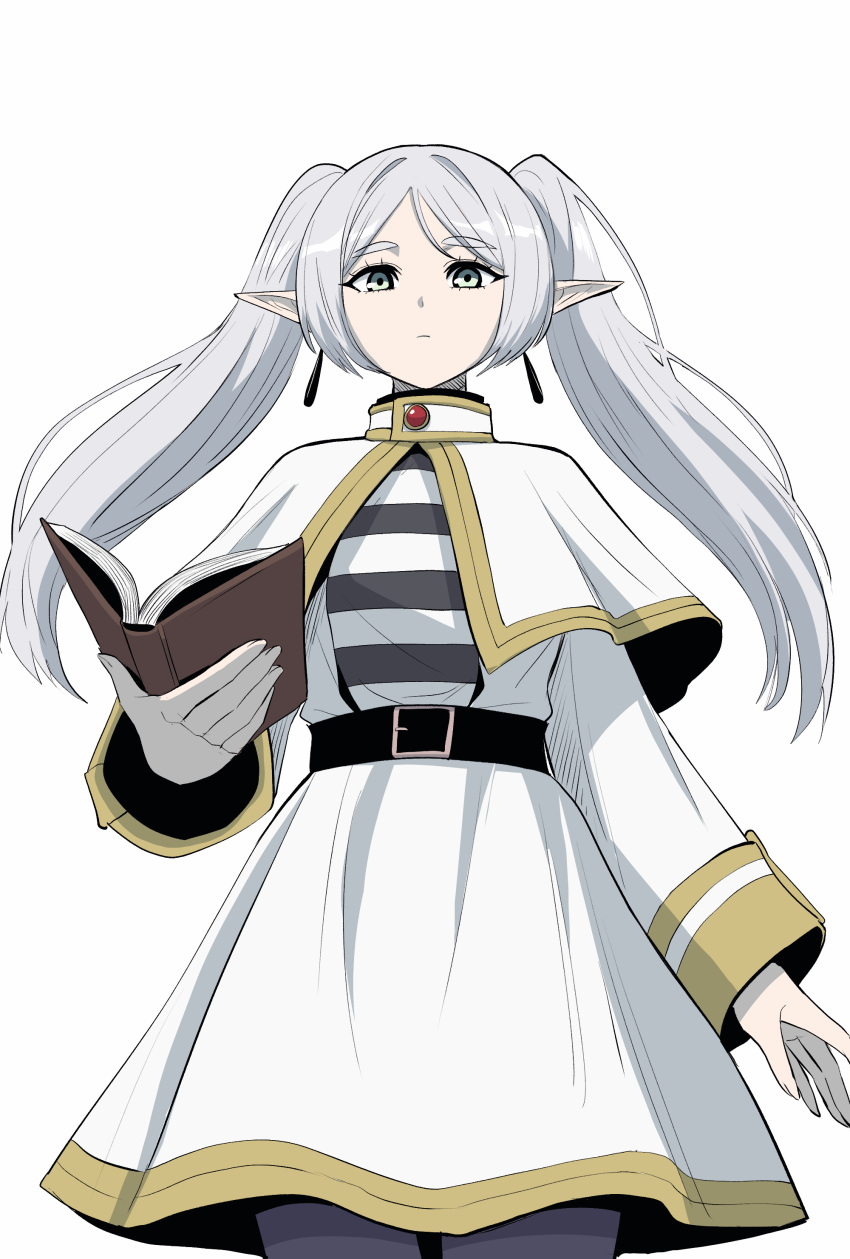 1girl, absurdres, belt, black_belt, black_pantyhose, book, capelet, closed_mouth