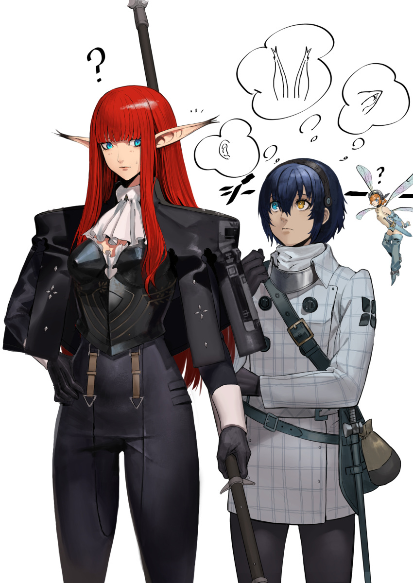 1boy, 2girls, ?, animal_ears, armor, ascot, bag, black_armor