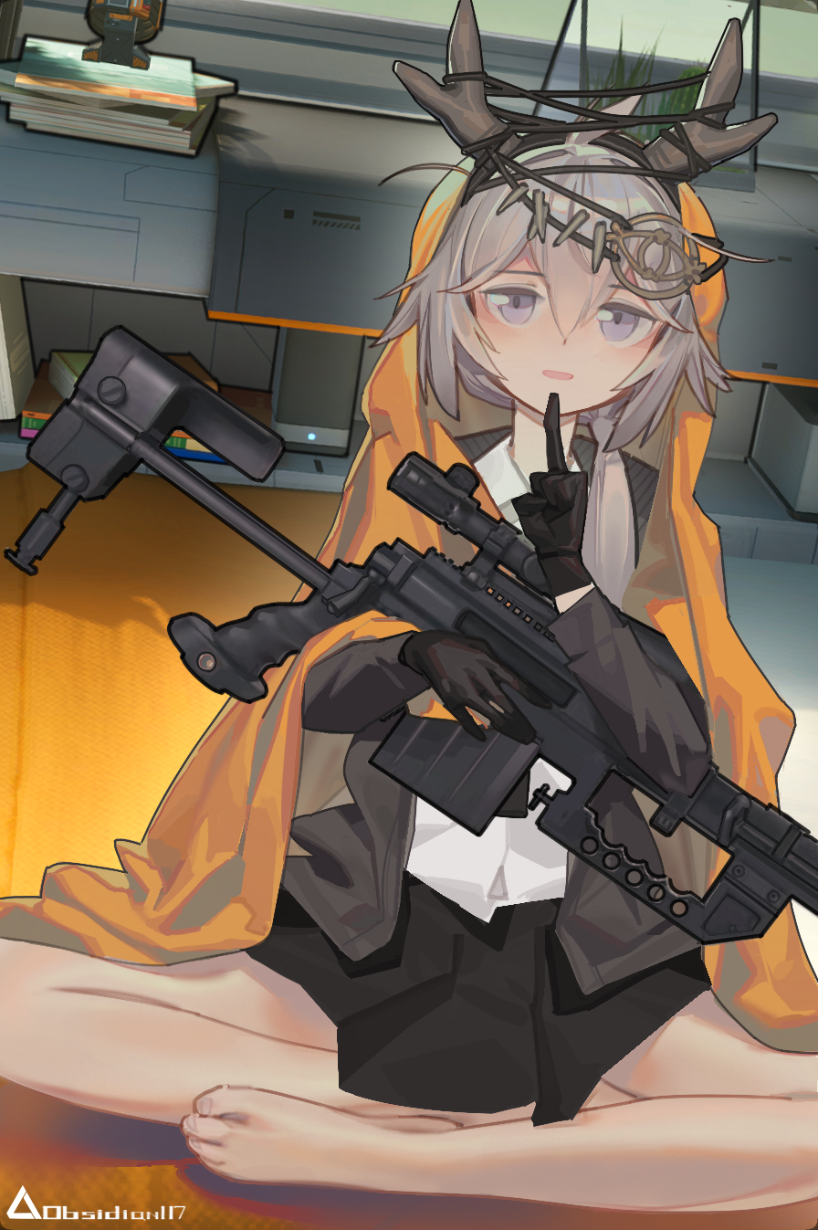 1girl, 3d_background, antlers, artist_name, barefoot, black_gloves, black_jacket, black_skirt