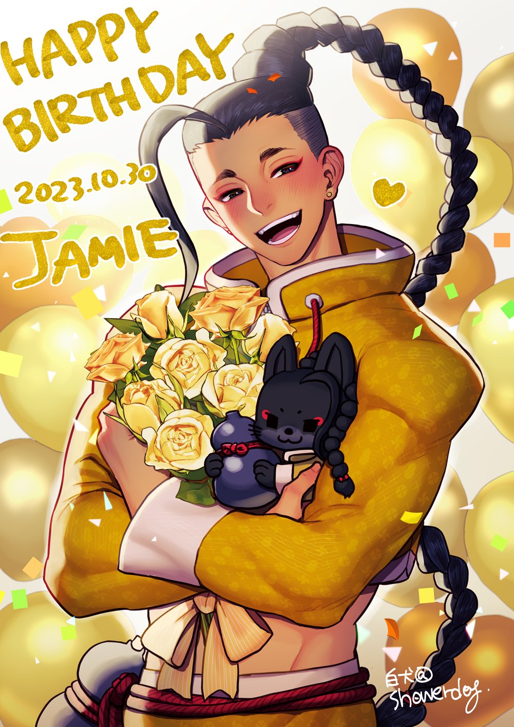 absurdly_long_hair, animalization, belt, black_fur, black_hair, blush, bouquet, bow