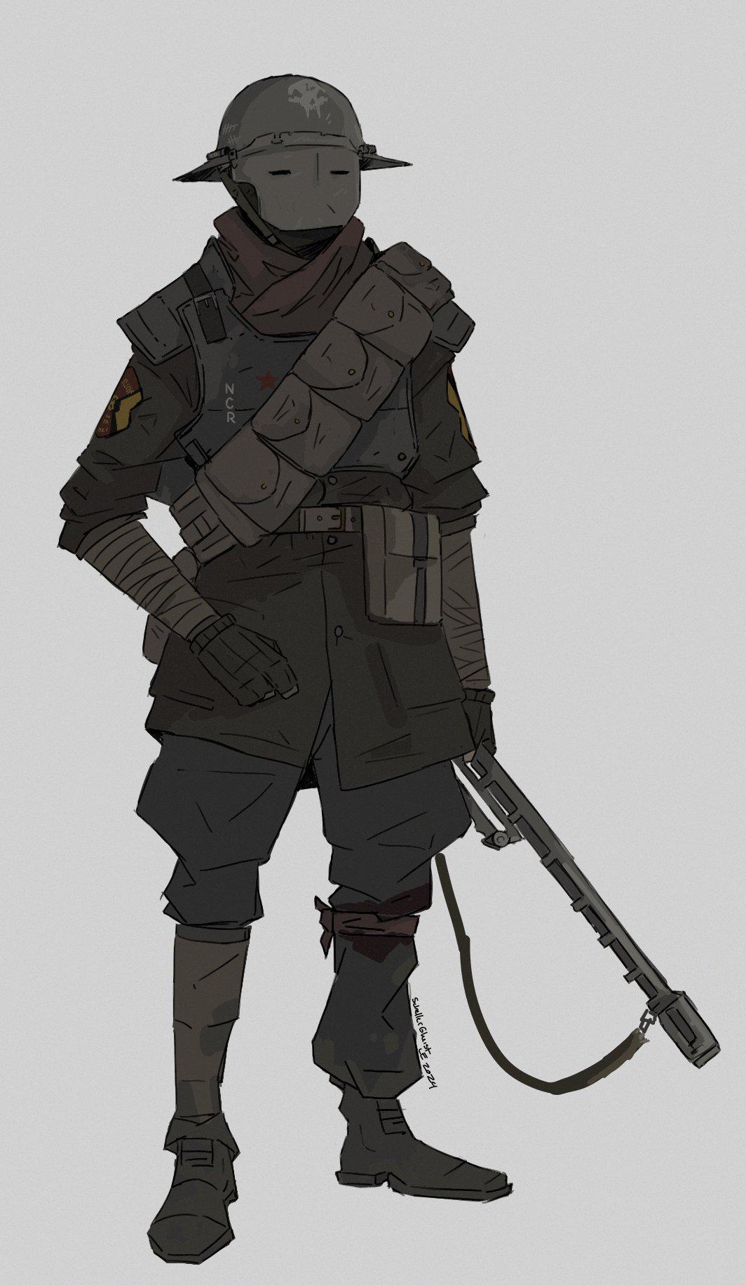 ambiguous_gender, ammunition_pouch, arm_wrap, artist_name, bandolier, belt, belt_pouch, black_gloves