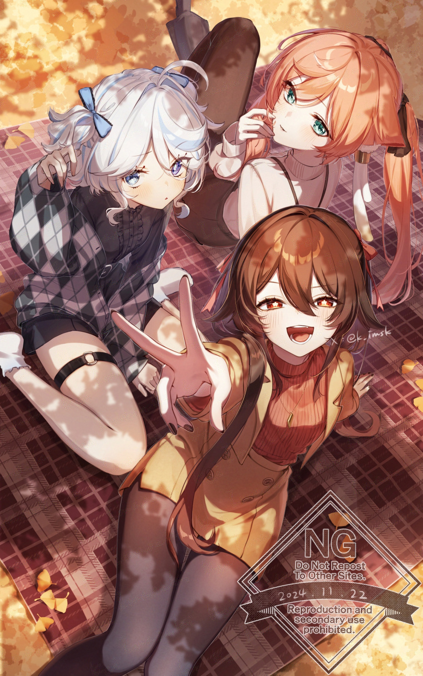 3girls, absurdres, alternate_costume, alternate_hairstyle, antlers, argyle_clothes, argyle_jacket, black_nails