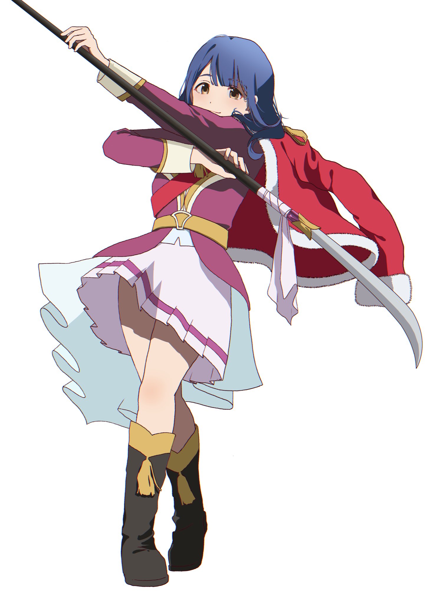 1girl, arm_up, belt, belt_buckle, black-footed_cat, blue_hair, blunt_bangs, boots