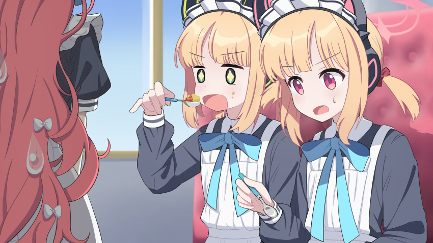 3girls, animal_ears, apron, black_shirt, blonde_hair, blue_archive, blue_ribbon, blunt_bangs
