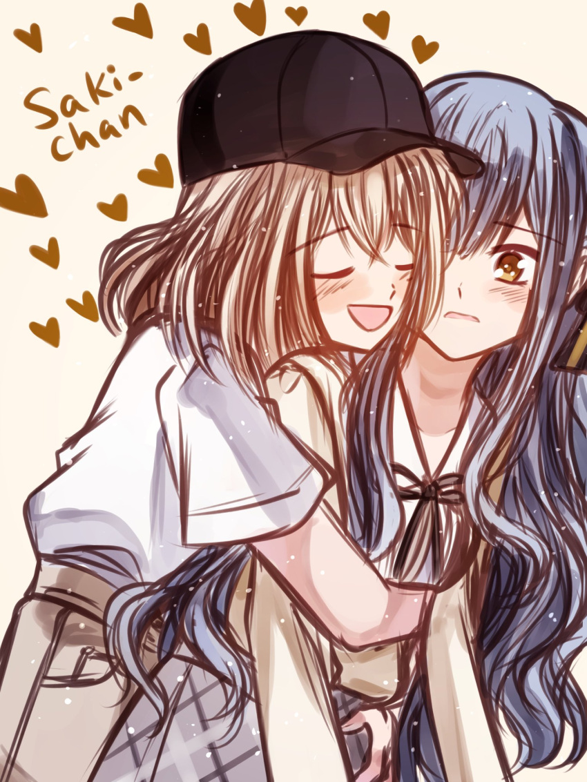 2girls, bang_dream!, bang_dream!_it's_mygo!!!!!, baseball_cap, black_hat, blonde_hair, blue_hair, blush