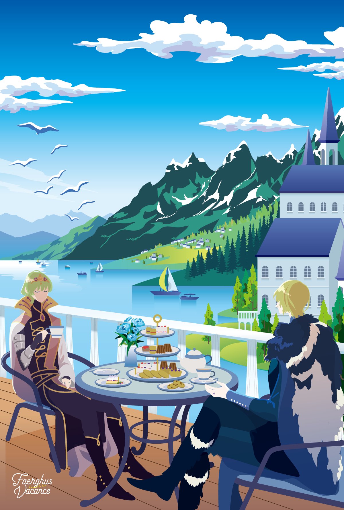 2boys, animal, arm_up, armored_gloves, asakura_toki, bird, black_footwear, black_fur