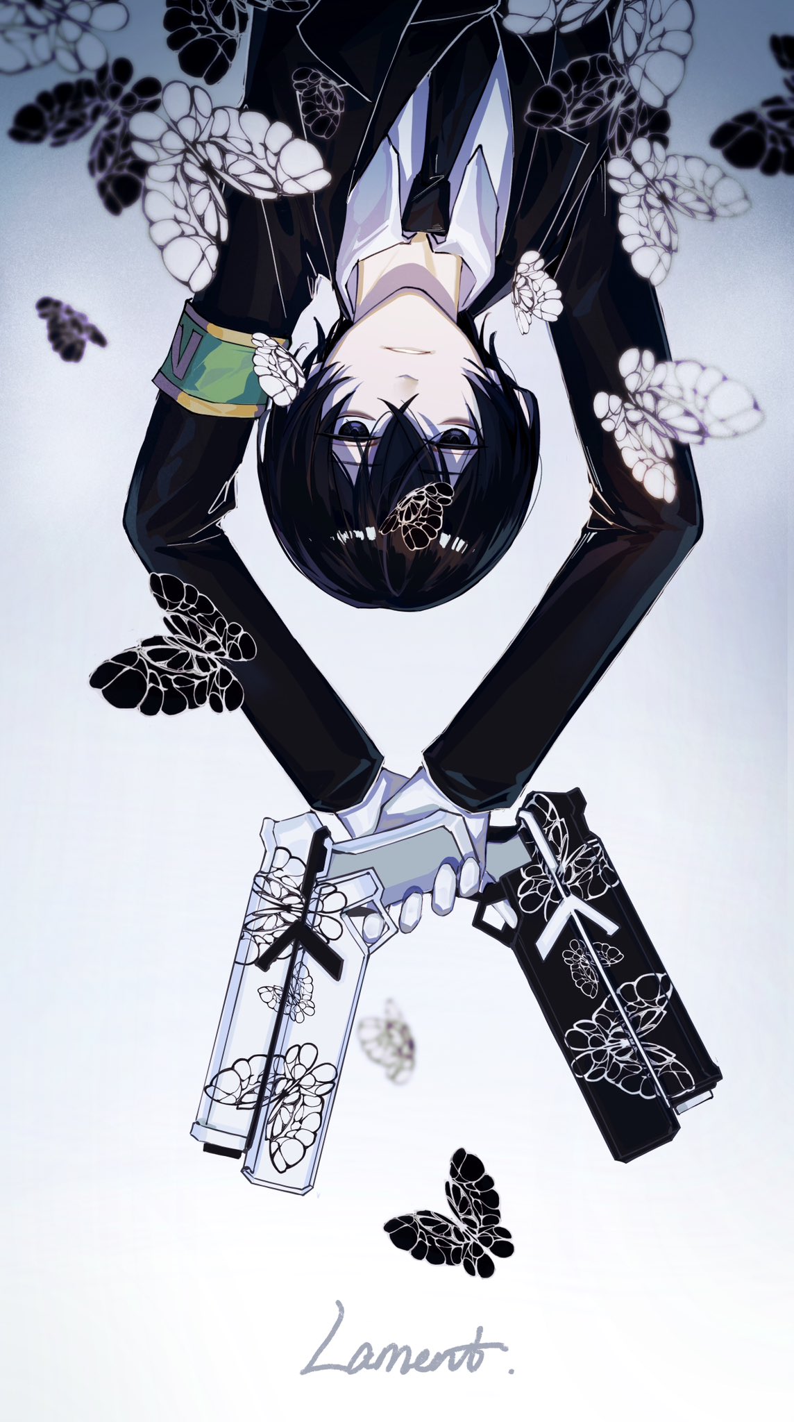 1boy, arms_up, arthas, black_butterfly, black_coat, black_eyes, black_hair, black_necktie