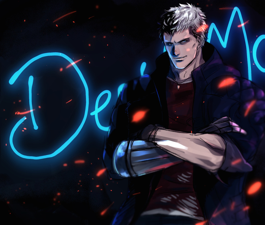 1boy, black_background, blue_coat, coat, crossed_arms, devil_may_cry_(series), devil_may_cry_5, english_text