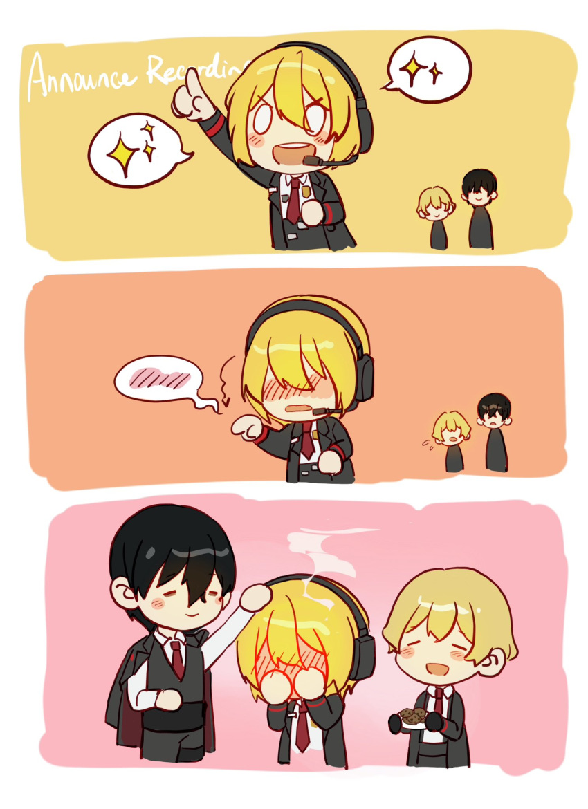 1girl, 2boys, arthas, black_coat, black_hair, blonde_hair, chibi, coat