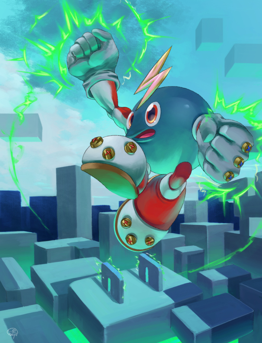 arm_up, commentary, digimon, digimon_(creature), electric_plug, electricity, electrokinesis, enrike_(enrique_mr_blue)