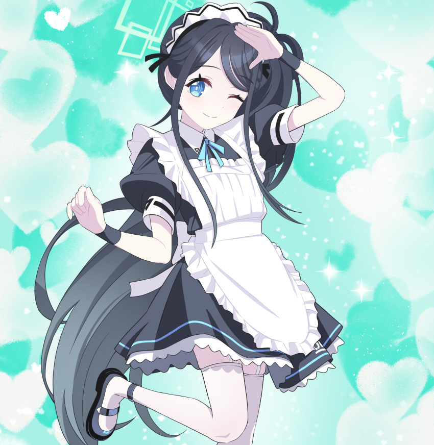 1girl, absurdly_long_hair, apron, aqua_background, aris_(blue_archive), aris_(maid)_(blue_archive), back_bow, black_dress, black_shirt, black_skirt, black_wristband, blue_archive, blue_eyes, blue_hair, blue_halo, blue_ribbon, bocchi_the_rock!, bow, collared_shirt, commentary_request, cowboy_shot, dress, frilled_apron, frills, halo, hand_up, heart, highres, korean_commentary, light_blush, long_hair, maid_apron, maid_headdress, mary_janes, neck_ribbon, official_alternate_costume, one_eye_closed, pale_skin, poorunii, puffy_short_sleeves, puffy_sleeves, ribbon, ringed_eyes, scene_reference, shirt, shoes, short_sleeves, skirt, solo, sparkle, standing, standing_on_one_leg, thigh-highs, very_long_hair, waist_apron, white_apron, white_thighhighs