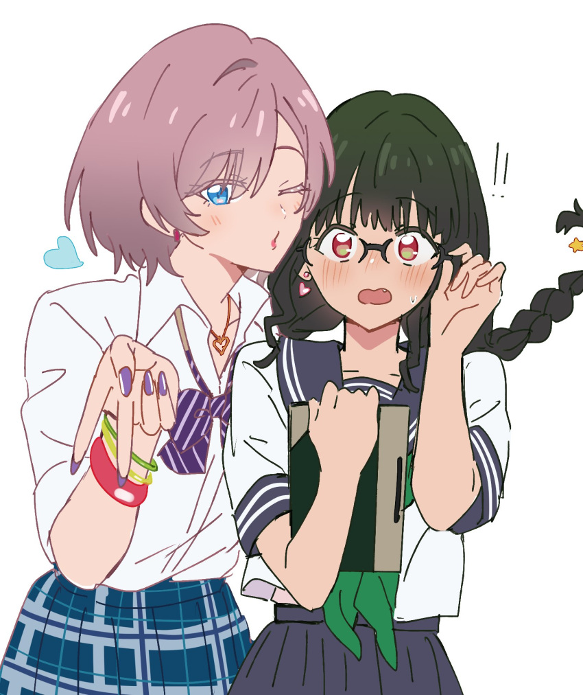 anosillus_ii, black_hair, blue_eyes, blush, braid, breasts, earrings, glasses, grey_hair, gridman_universe, gridman_universe_(film), highres, it_looks_good, jewelry, long_hair, looking_at_viewer, mujina, multiple_girls, neckerchief, nikonishi, official_alternate_costume, one_eye_closed, pleated_skirt, red_eyes, sailor_collar, school_uniform, serafuku, shirt, short_hair, simple_background, skirt, smile, ssss.dynazenon, twin_braids, white_shirt