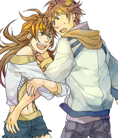 1girl, arm_grab, brown_hair, couple, festenia_muse, joshua_radcliffe, long_hair, lowres