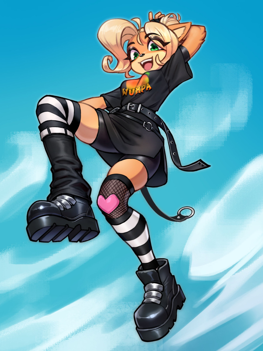 1girl, ahoge, animal_ears, animal_nose, arm_up, asymmetrical_legwear, azuu_(azuucookie), belt, bike_shorts, black_footwear, black_gloves, black_shirt, blonde_hair, blue_background, blue_sky, body_fur, boots, breasts, clothes_writing, clouds, coco_bandicoot, commentary, crash_bandicoot_(series), day, english_commentary, fingerless_gloves, fishnet_thighhighs, fishnets, food_print, full_body, furry, furry_female, gloves, green_eyes, hair_bun, happy, heart, highres, huge_ahoge, jumping, layered_legwear, layered_sleeves, leg_up, long_shirt, looking_at_viewer, mismatched_legwear, open_mouth, orange_fur, outdoors, shirt, short_hair, short_sleeves, side_slit, sidelocks, single_hair_bun, single_leg_warmer, sky, small_breasts, smile, socks, solo, striped_clothes, striped_socks, striped_thighhighs, teeth, thigh-highs, thighs, two-tone_fur, yellow_fur