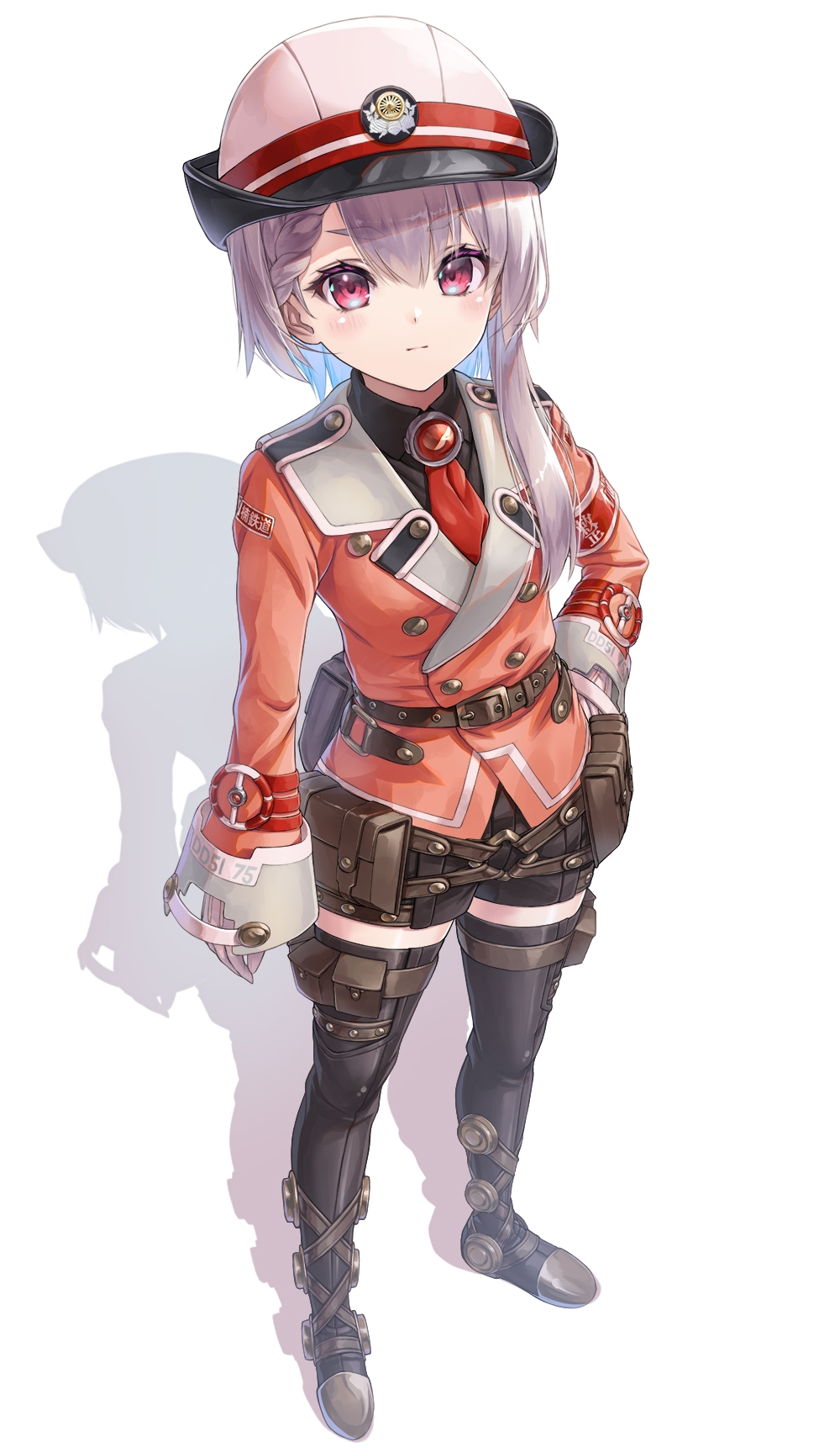 1girl, asymmetrical_hair, belt, blush, boots, expressionless, full_body, gat_(hat)