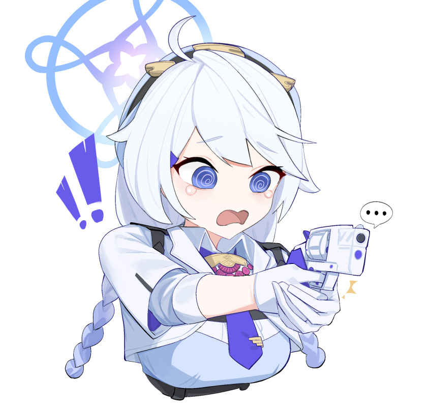 !, !!, ..., 1girl, @_@, ahoge, blue_archive, blue_eyes, blue_halo, blue_necktie, bonefire0909, braid, chest_harness, crying, crying_with_eyes_open, dress, gloves, grey_dress, gun, hair_ornament, hairclip, halo, harness, hat, highres, holding, holding_gun, holding_weapon, jacket, kirino_(blue_archive), looking_at_object, necktie, open_mouth, police, police_hat, police_uniform, policewoman, revolver, shirt, simple_background, smith_&amp;_wesson_360, solo, swept_bangs, tears, twin_braids, upper_body, wavy_mouth, weapon, white_background, white_gloves, white_hair, white_jacket, white_shirt