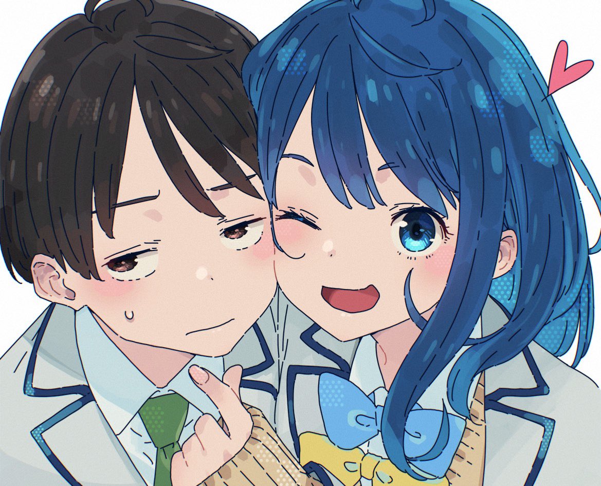 1boy, 1girl, ahoge, black_hair, blue_bow, blue_bowtie, blue_eyes, blue_hair